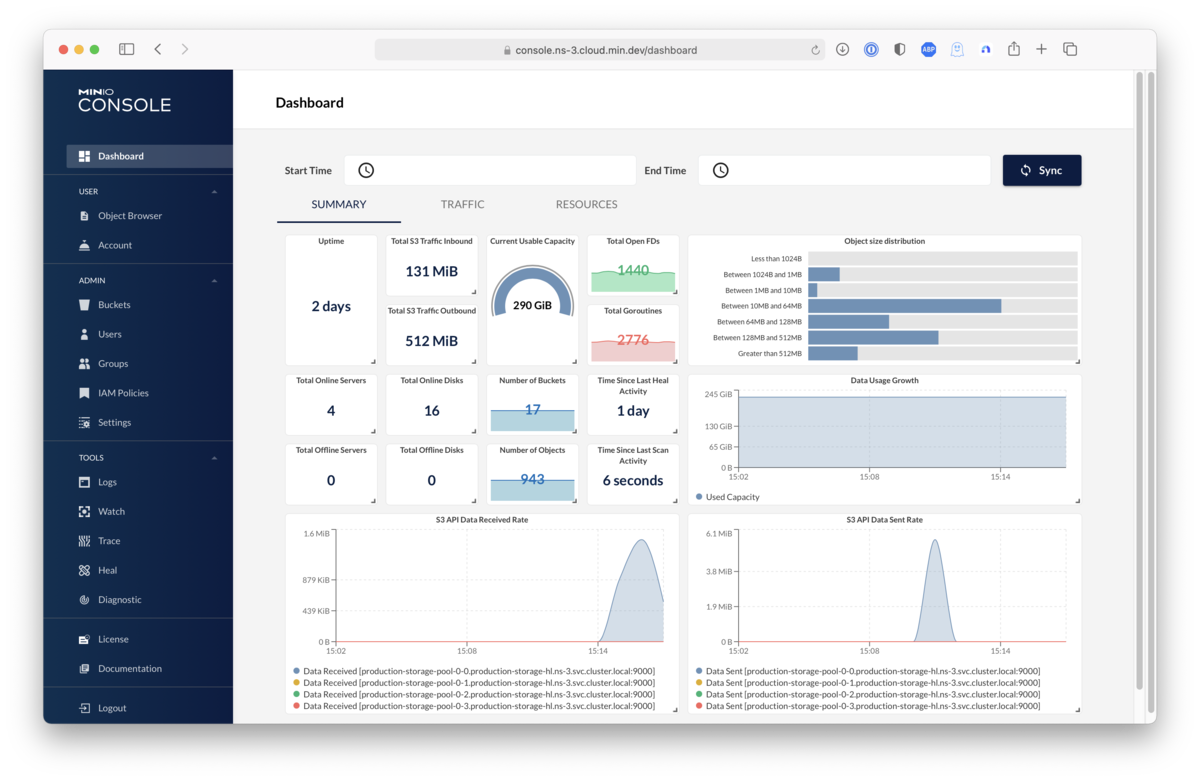 MinIO S3 console